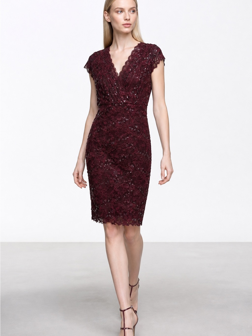 Cache Elegant Burgundy Lace Sequin V-Neck Dress w/ Beaded Embellishment Party
